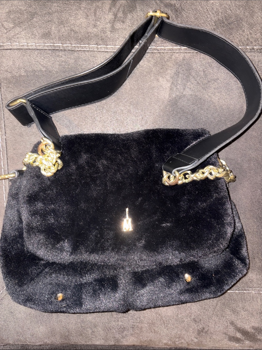 Isaac Mizrahi Black Faux-Fur Shoulder Bag with Gold Chain Detail